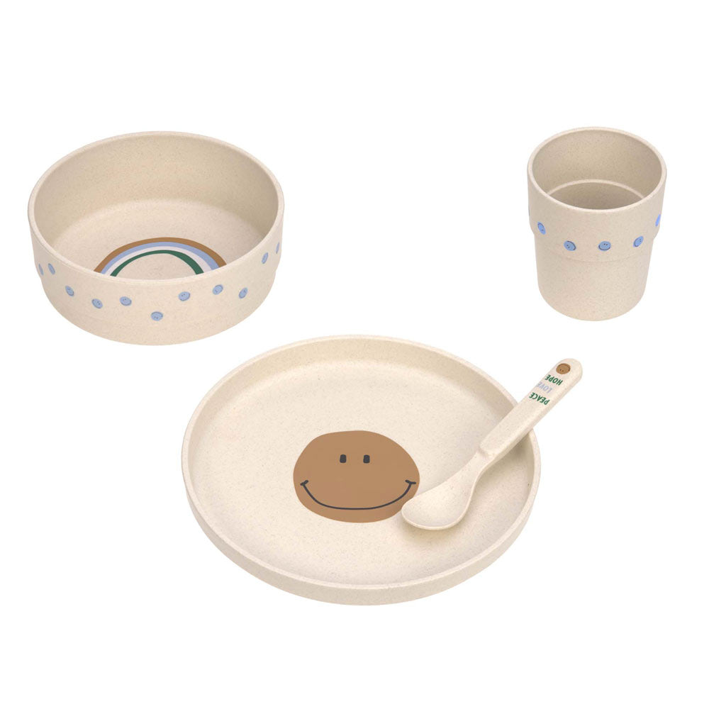 Das Smilie-Set besteht aus vier Teilen und hat ein cooles Design mit braunen und hellblauen Smilies und einem Regenbogen in der Schüssel. 