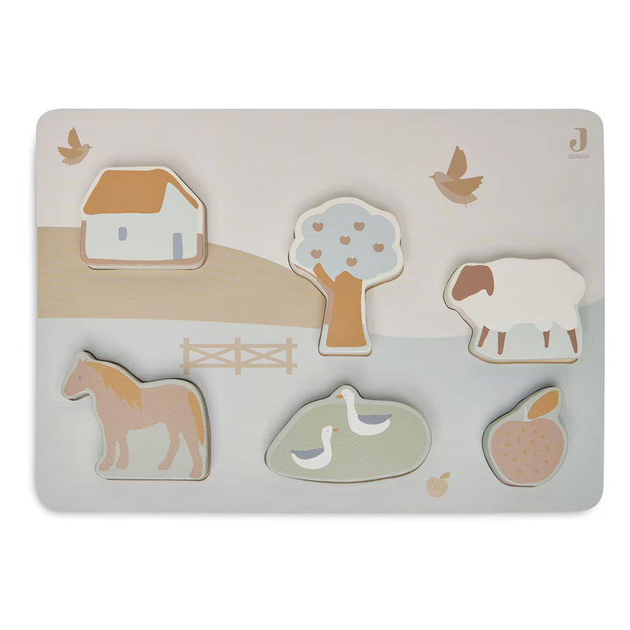Holzpuzzle für Kleinkinder mit den Motiven Haus, Baum, Schaf, Pferd, Gänse und Apfel