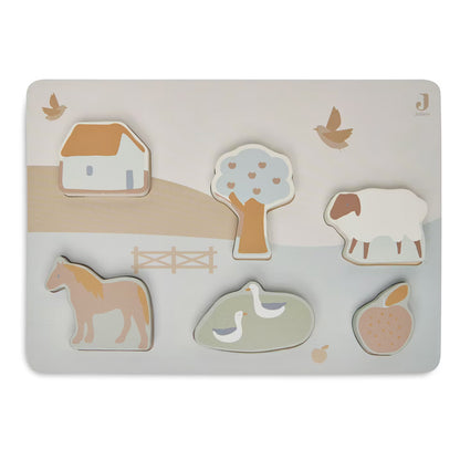 Holzpuzzle für Kleinkinder mit den Motiven Haus, Baum, Schaf, Pferd, Gänse und Apfel