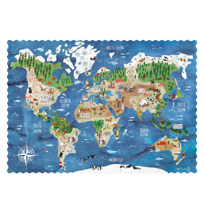 Das Puzzle on Londji zeigt die Welt mit ihren Ozeanen und vielen Details wie Tieren oder traditionelle Motive. 