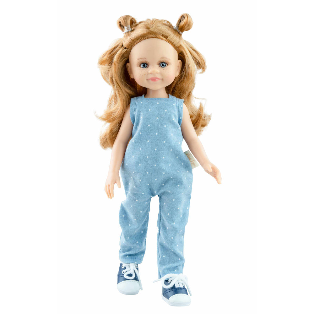 Puppe Amiga von Paola Reina mit rötlichen Haaren und einem jeansblauen Overall