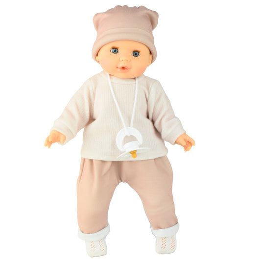 Puppe mit blauen Augen und rosafarbener Kleidung und Schnuller