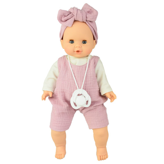 Puppe Emilia mit rosafarbenen Jumpsuit und Schleife und einem weißen Langarmshirt