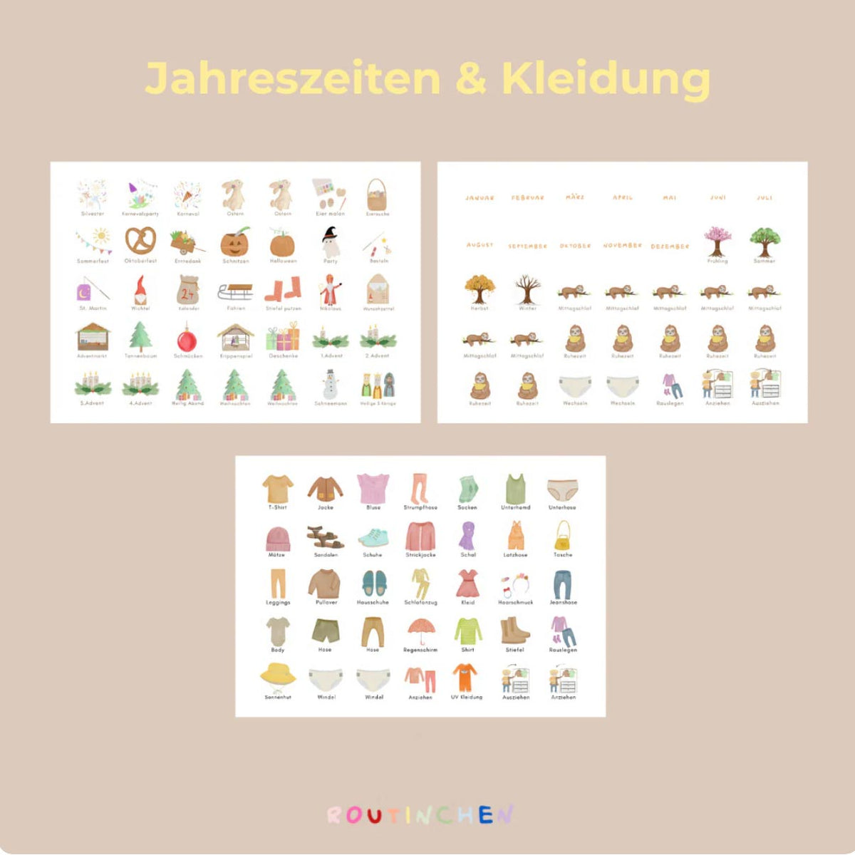 Routinekarten für die Themen Jahreszeiten und Kleidung von Routinchen