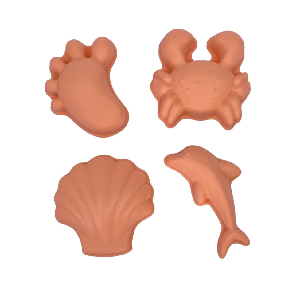 4 Sandformen für Kinder in Form eines Fußes, Krebs, Muschel und Delfin