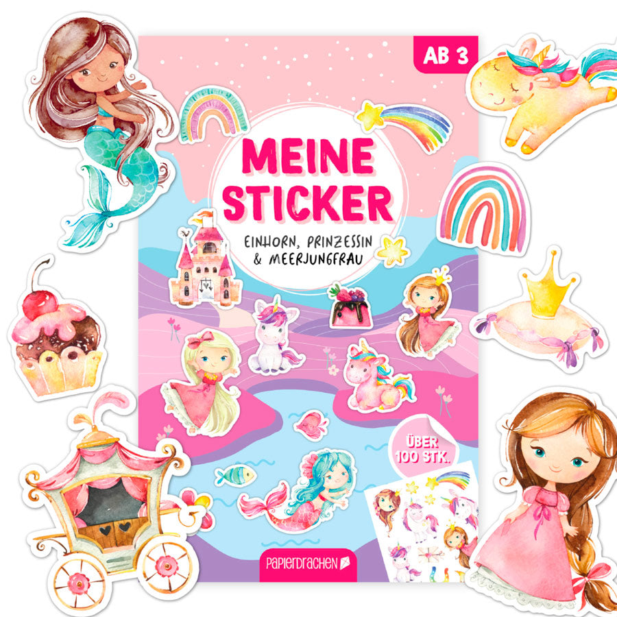 Stickerblock Einhorn, Prinzessin und Meerjungfrau mit vielen verschiedenen Stickern