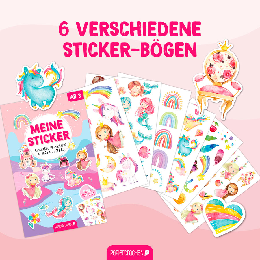 Stickerblock Einhorn, Prinzessin und Meerjungfrau mit vielen verschiedenen Stickern