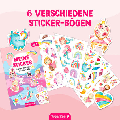 Stickerblock Einhorn, Prinzessin und Meerjungfrau mit vielen verschiedenen Stickern
