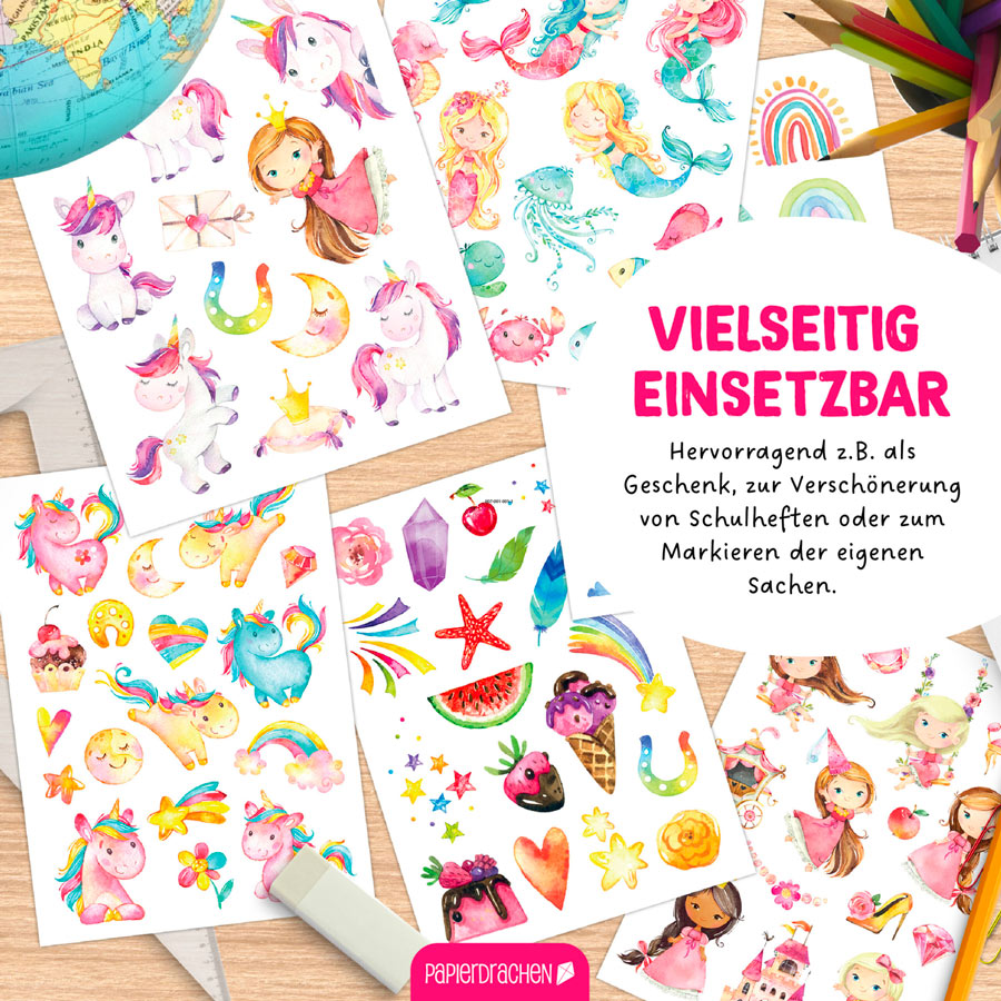 Die Sticker sind vielseitig einsetzbar. Perfekt als Geschenk, zur Verschönerung von Heften oder zum markieren der eigenen Sachen. 
