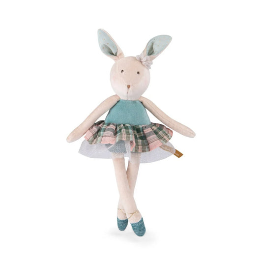 Hübscher Hase als Stofftier mit einem blauen Kleid, das einen karierten Rock mit Glitzertüll trägt, blauen Ballettschühchen und süßen Details