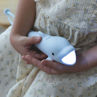 Kind hält die Taschenlampe in Form eines Delfins in den Händen und leuchtet damit